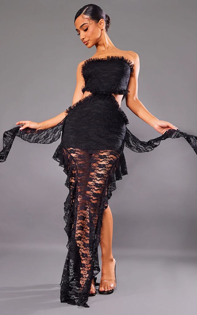 Petite Black Lace Frill Detail Cut Out Midaxi Dress, Black