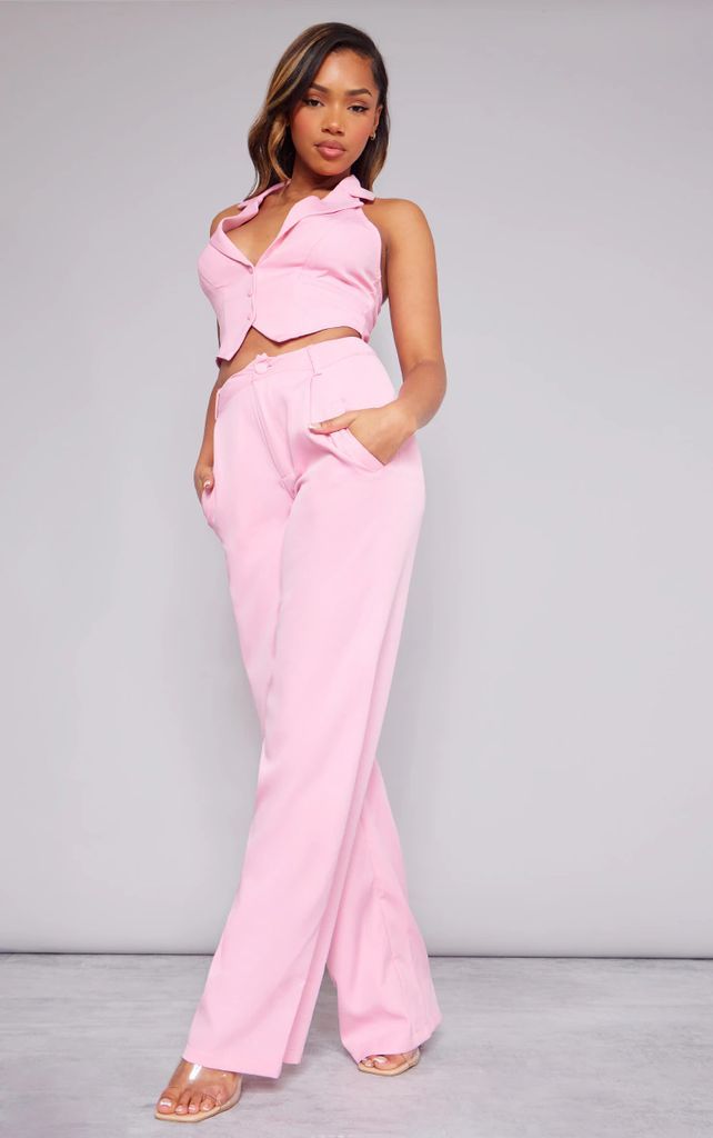 Pink Woven Pleat Detail Wide Leg Trousers, Pink