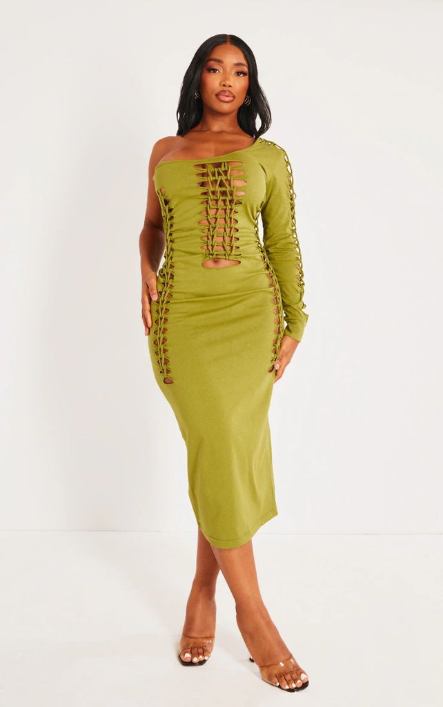 Shape Olive Cotton Cut Out Long Sleeve Midaxi Dress, Green
