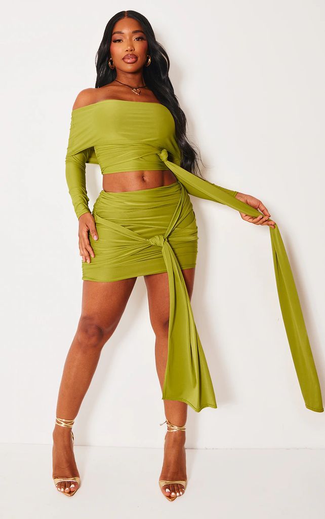 Shape Olive Slinky Ruched Knot Side Mini Skirt, Green