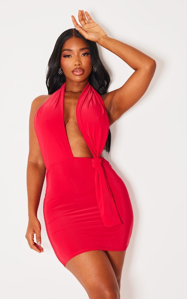 Shape Red Knot Side Plunge Bodycon Dress, Red