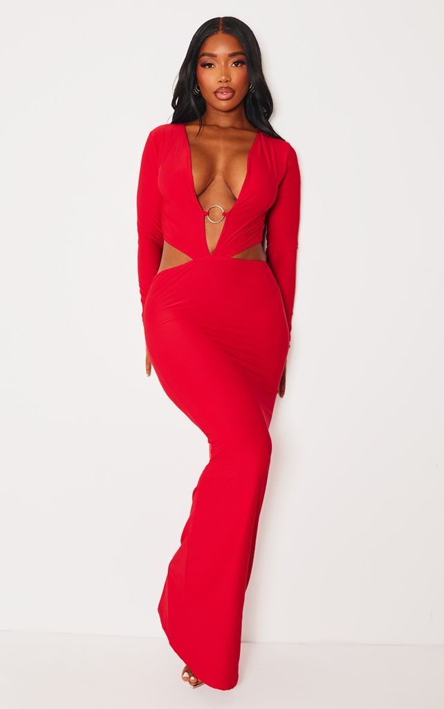 Shape Red Slinky Ring Detail Cut Out Maxi Dress, Red