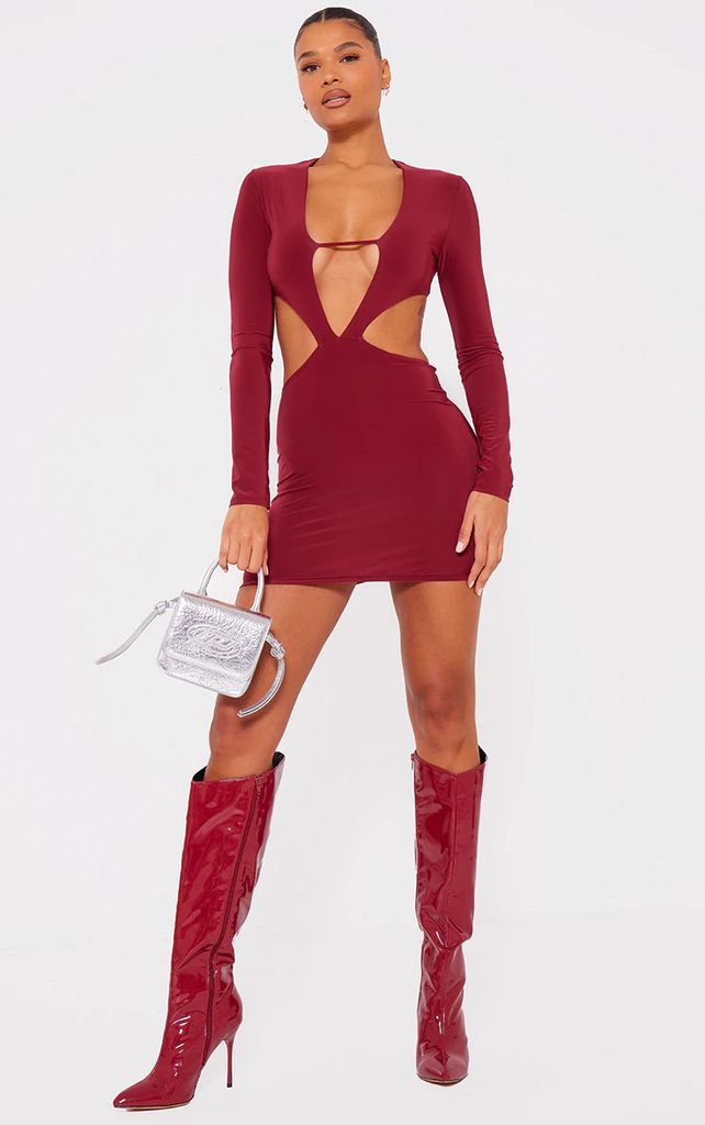 Cherry Red Slinky Cut Out Bust Detail Long Sleeve Bodycon Dress, Cherry Red
