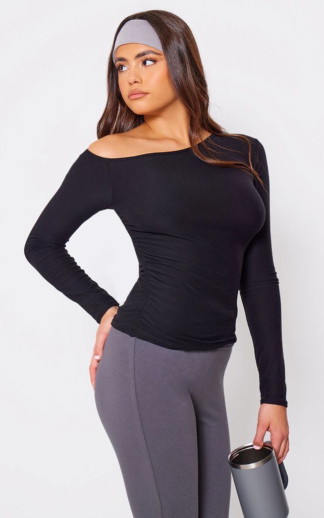 Black Soft Touch Jersey Ruched Side Long Top, Black