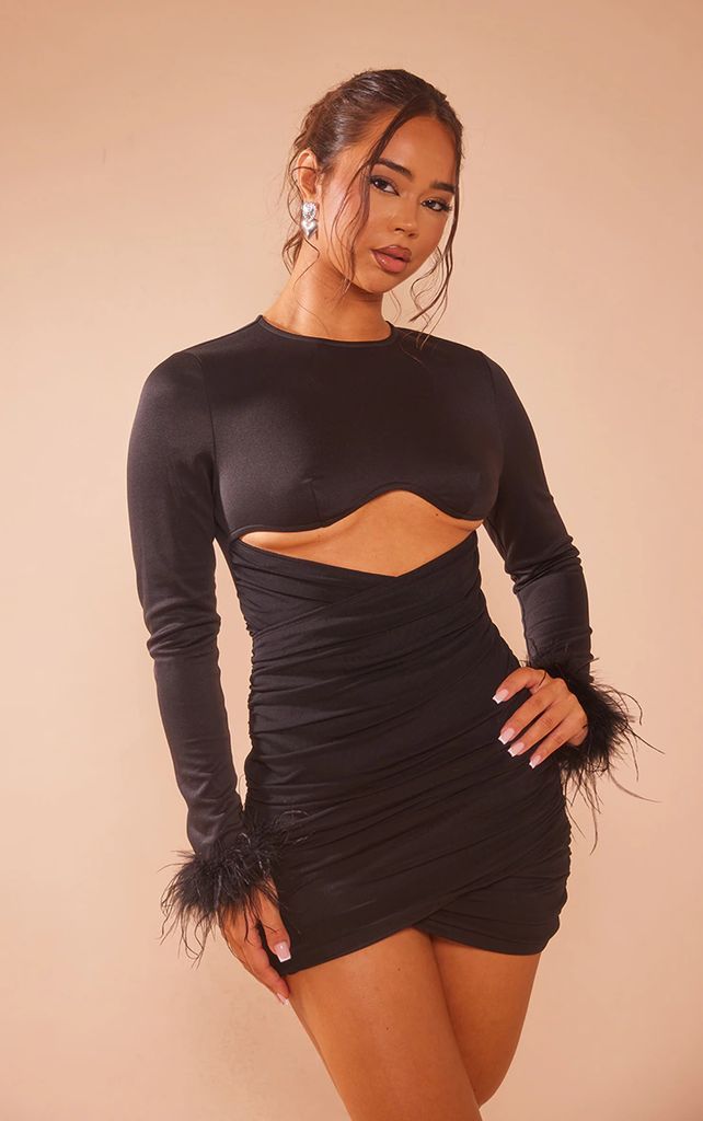 Black Woven Cut Out Long Sleeve Feather Cuff Bodycon Dress, Black
