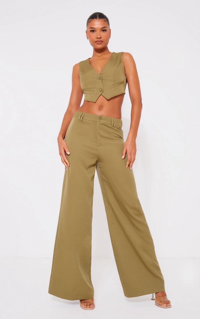Olive Woven Double Belt Loop Suit Trousers, Green