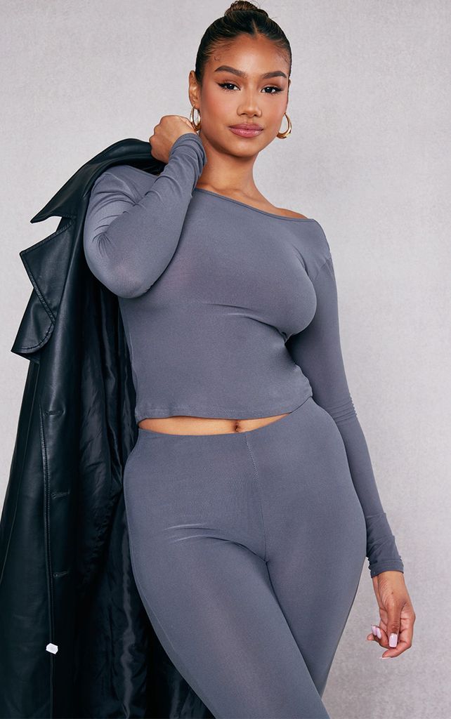 Charcoal Soft Touch Long Sleeve Longline Top, Grey