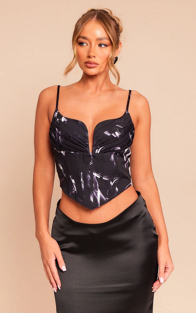Black Abstract Printed Strappy Pleated Bust Corset Detail Crop Top, Black