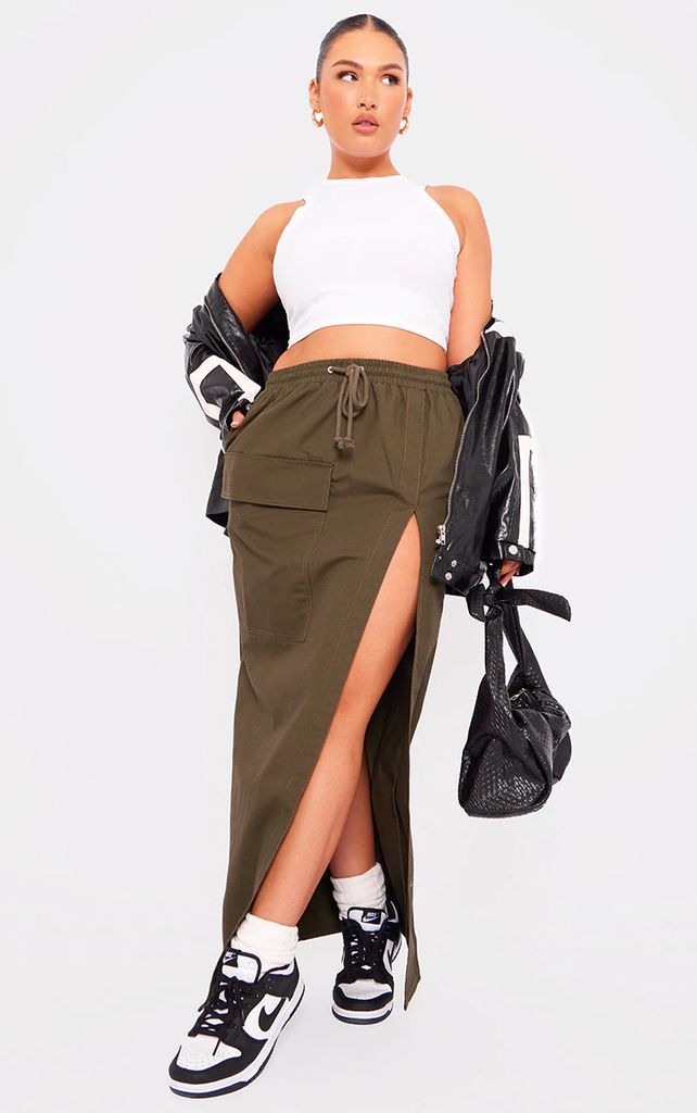 Khaki Ripstop Split Thigh Drawstring Waist Maxi Skirt, Green