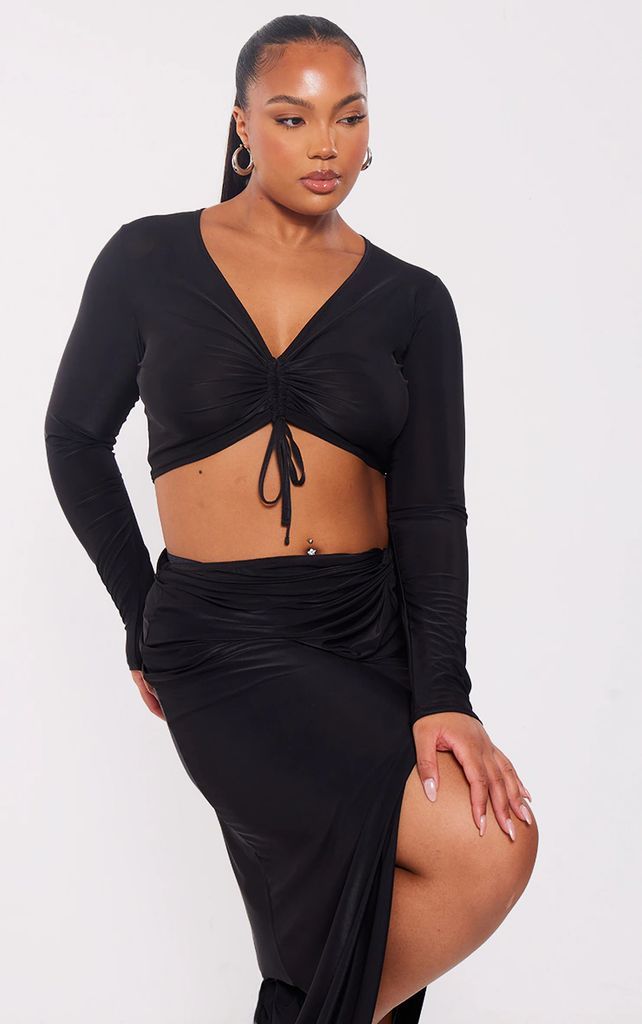 Plus Black Tie Front Ruched Front Long Sleeved Top, Black
