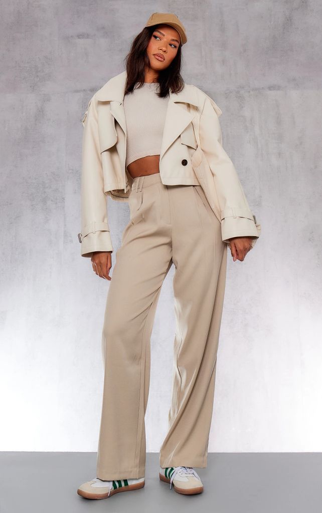 Stone Woven Tailored Double Belt Loop Wide Leg Trousers, White