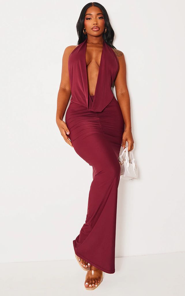 Shape Burgundy Slinky Cowl Ruched Front Maxi Dress, Red