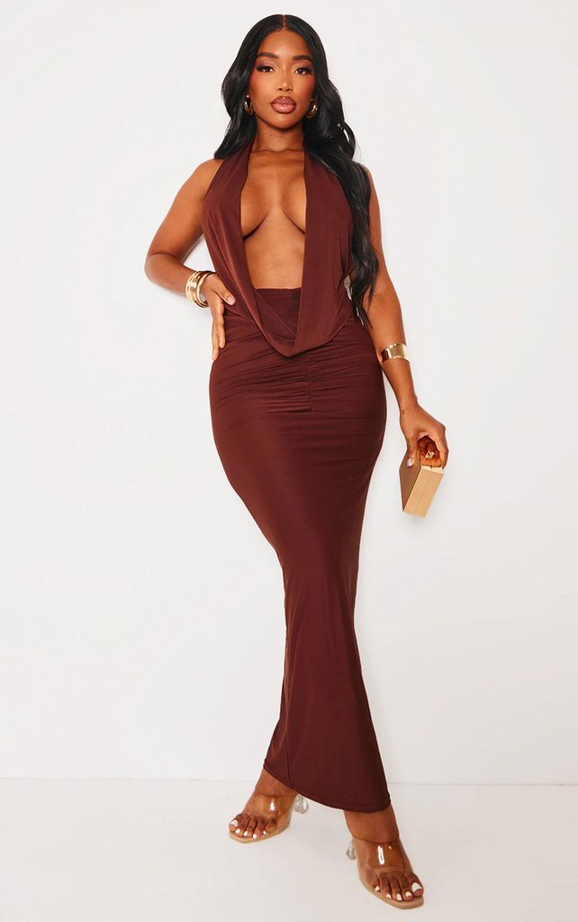 Shape Chocolate Slinky Cowl Ruched Front Maxi Dress, Chocolate.