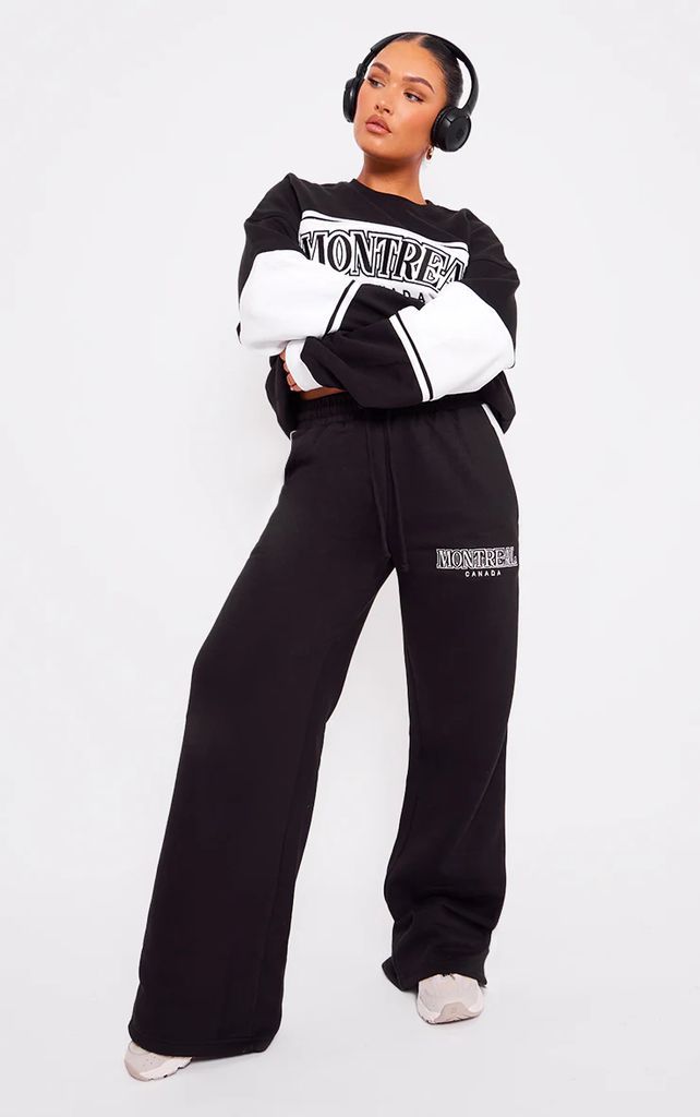 Black Montreal Embroidered Panelled Wide Leg Joggers, Black