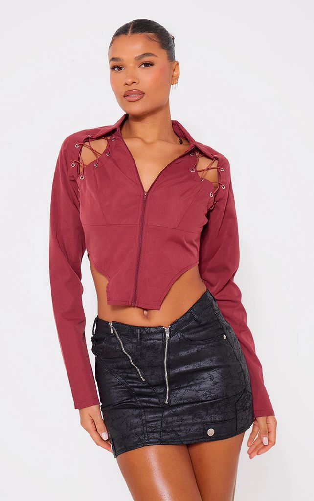 Maroon Lace Up Side And Front Pointed Hem Shirt, Maroon