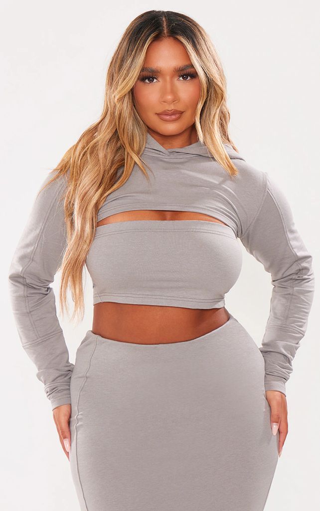 Shape Charcoal Soft Cotton Extreme Cropped Hoodie, Grey