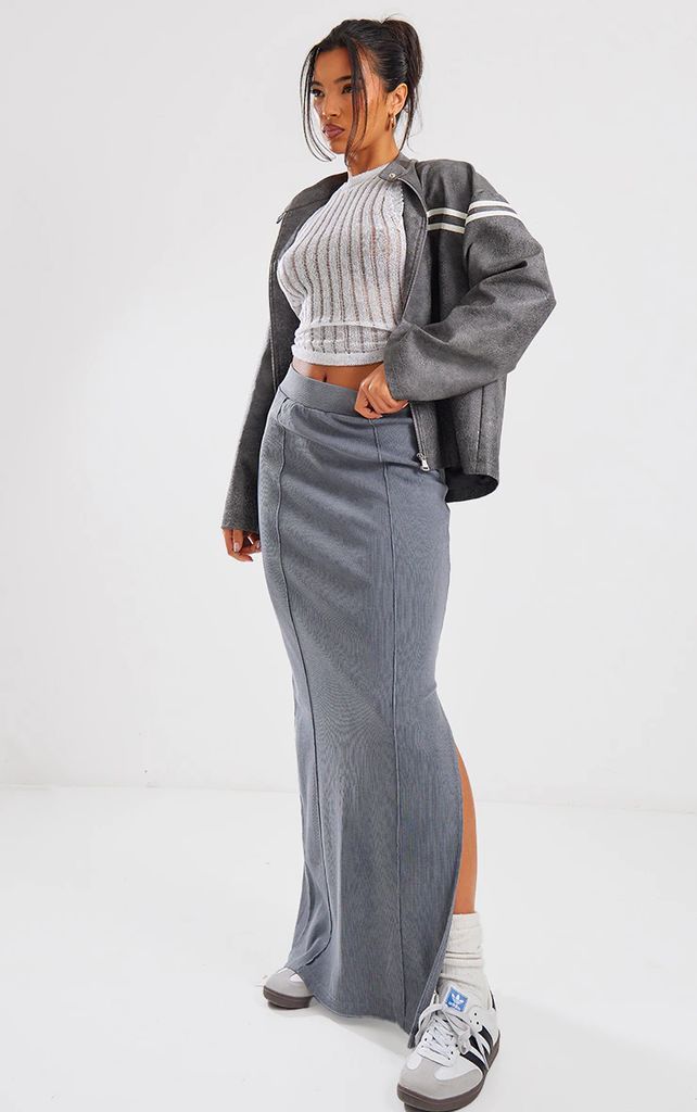Charcoal Ribbed Pocket Back Detail Maxi Skirt, Grey