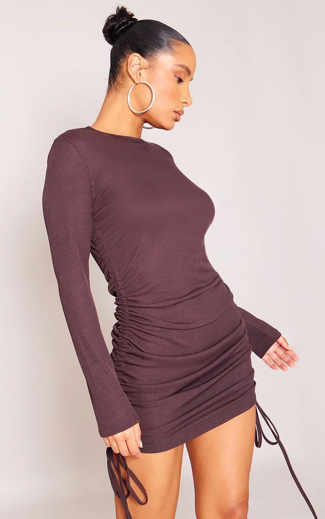 Chocolate Thick Rib Ruched Side Bodycon Dress, Chocolate