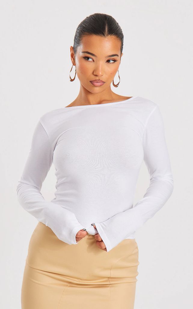 White Modal Cotton Open Back Long Sleeve Long Top, White