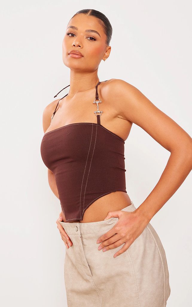 Chocolate Contrast Stich Halter Neck Crop Top With Metal Hardware Detail, Chocolate