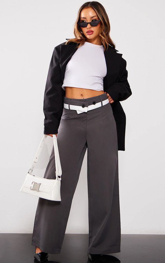 Petite Charcoal Contrast Fold Over Wide Leg Tailored Trousers, Grey