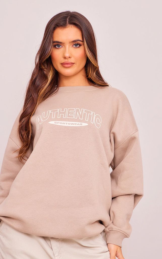 Taupe Authentic Print Oversized Sweatshirt, Brown