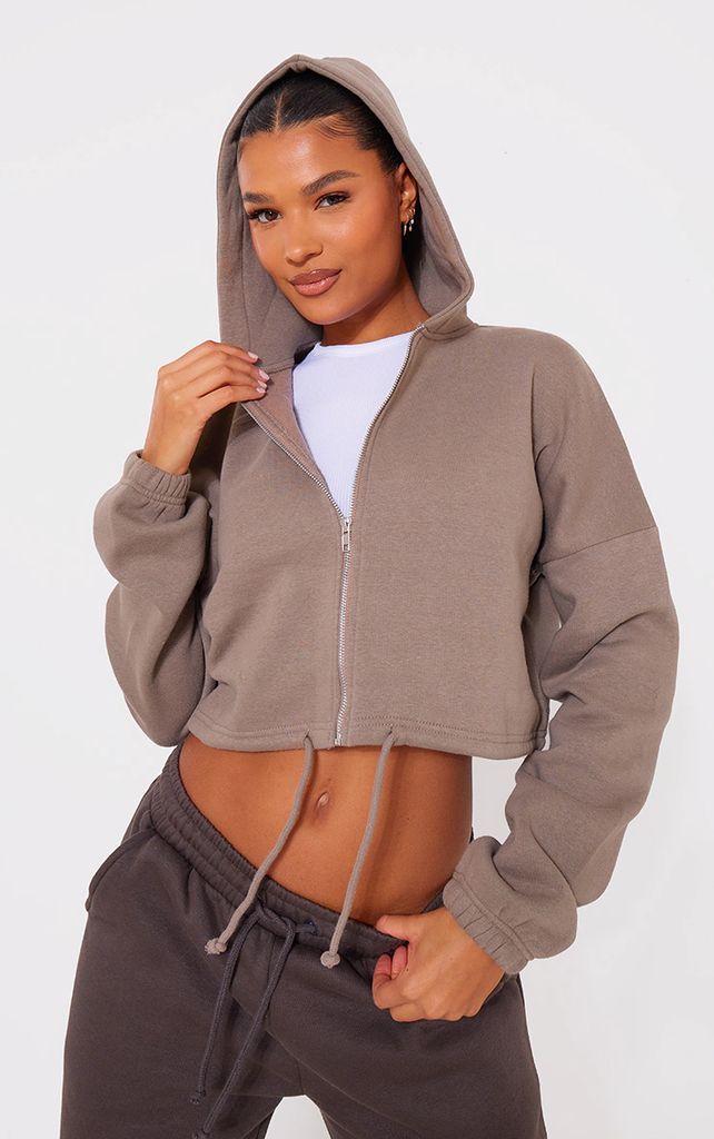 Taupe Toggle Waist Zip Up Cropped Hoodie, Brown