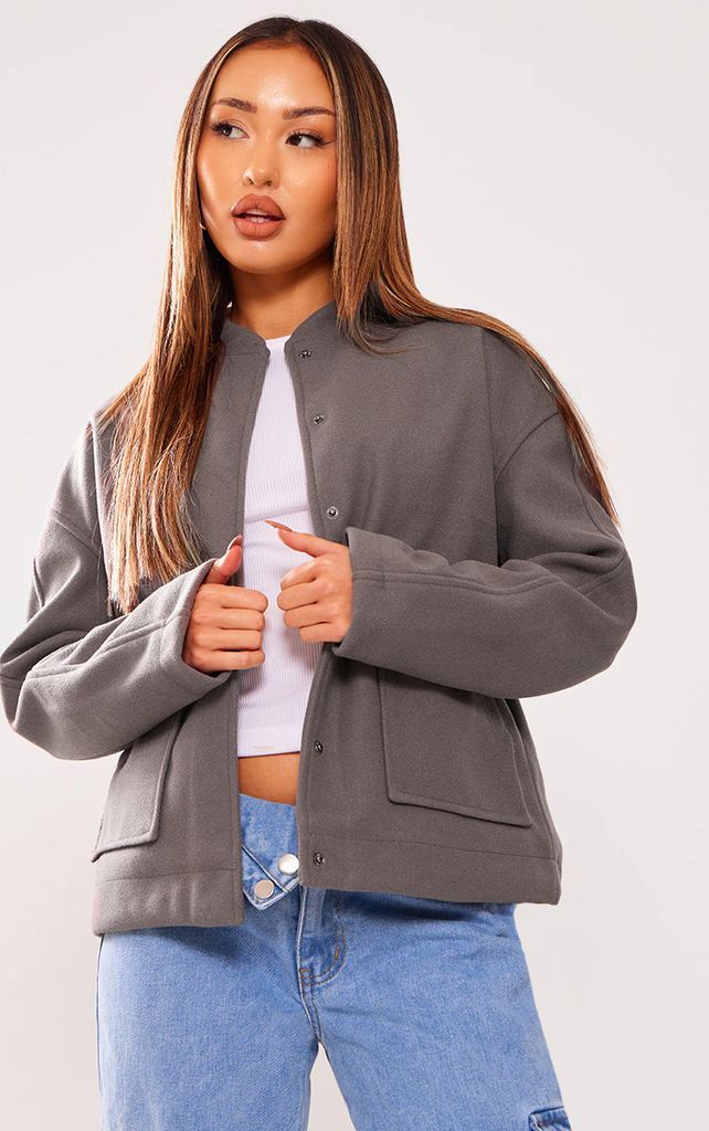 Petite Grey Oversized Wool Bomber Jacket, Grey
