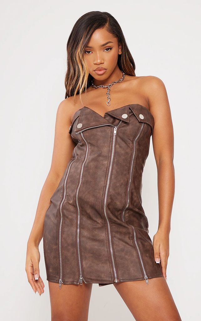 Brown Faux Leather Zip Detail Mini Dress, Brown
