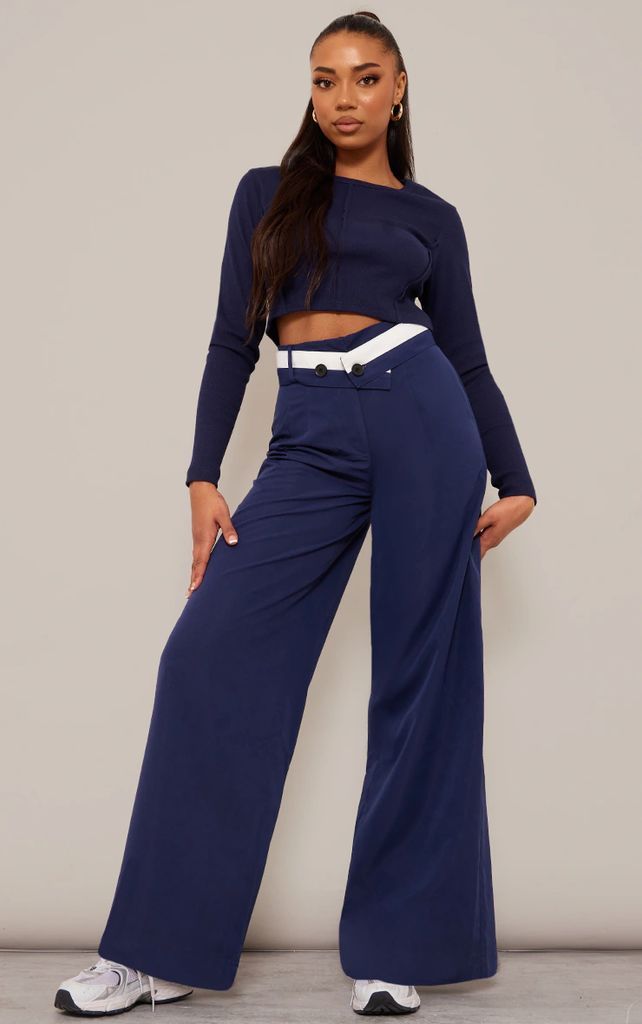 Tall Navy Contrast Fold Over Wide Leg Tailored Trousers, Blue