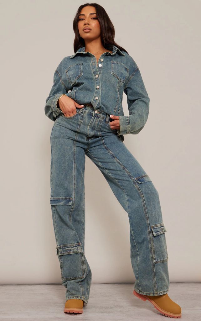 Tall Vintage Wash Pocket Detail Wide Leg Denim Jeans, Vintage Wash