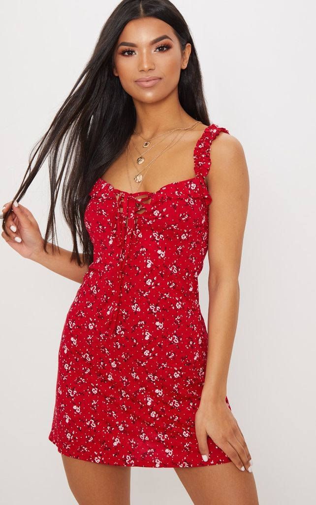 Red Ditsy Floral Print Frill Detail Shift Dress, Red Floral