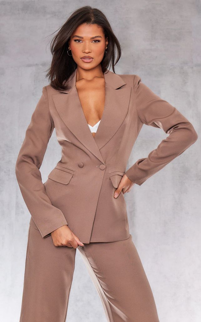 Mocha Woven Pocket Detail Double Breasted Blazer, Brown