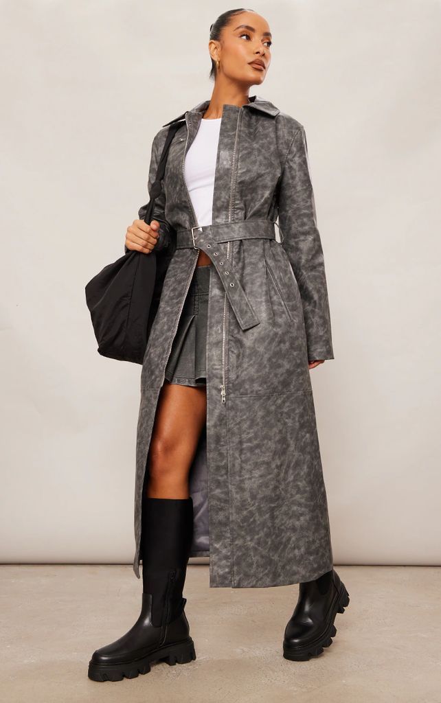Washed Charcoal Premium Distressed PU Zip Trench Coat, Washed Charcoal