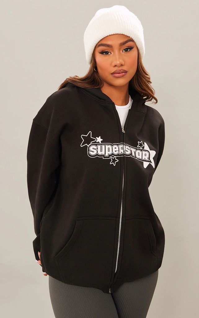 Black Superstar Printed Zip Up Hoodie, Black