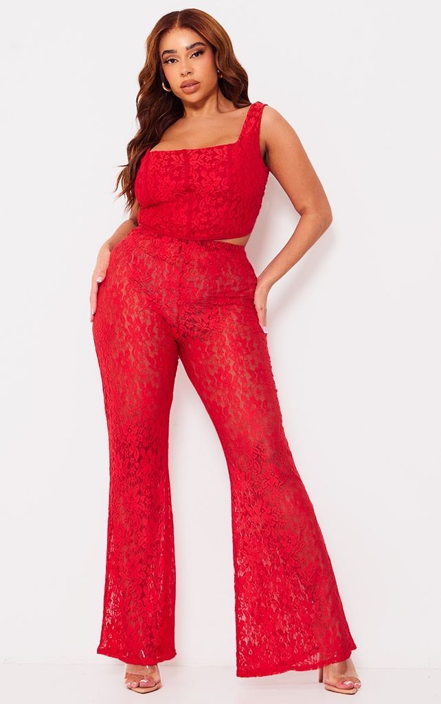 Plus Red Lace Flared Trouser, Red