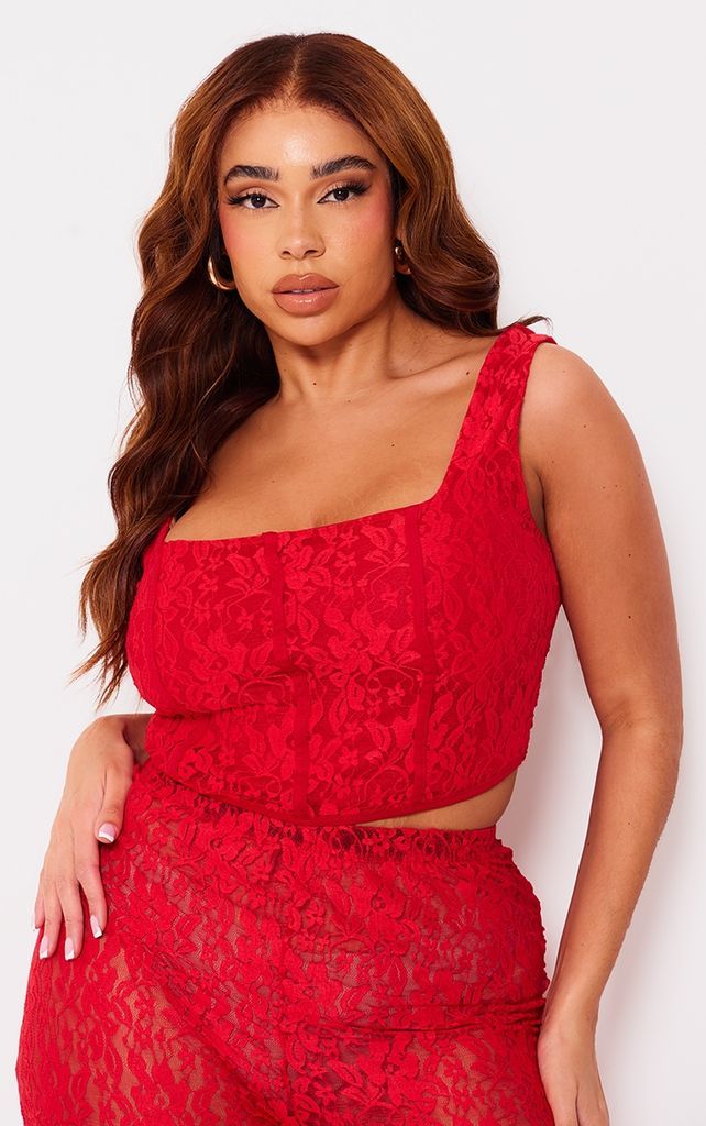 Plus Red Lace Squared Neck Corset Top, Red