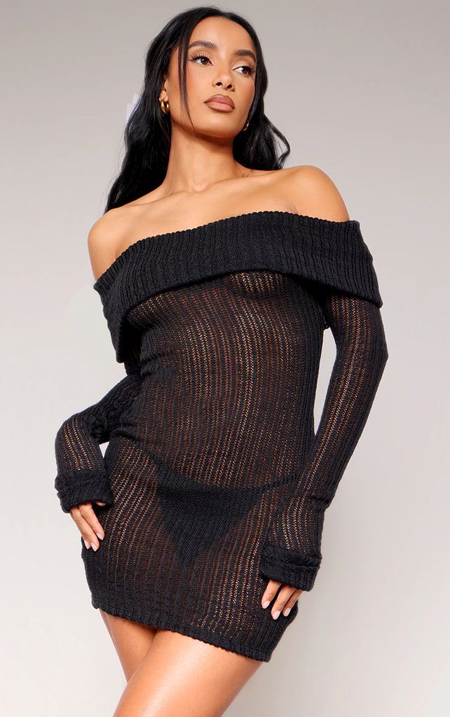 Black Sheer Rib Fold Over Bardot Bodycon Dress, Black
