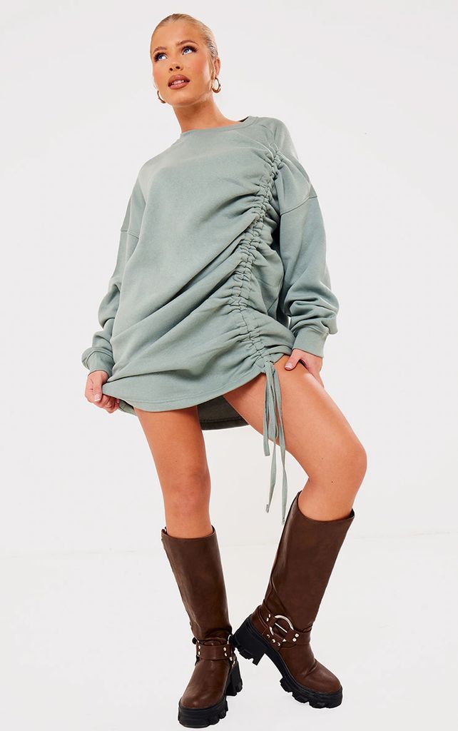 Sea Green Ruched Detail Crew Neck Oversized Sweat Style Jumper Dress, Sea Green
