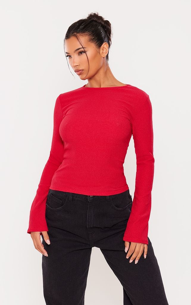 Cherry Red Textured Long Sleeve Long Top, Cherry Red