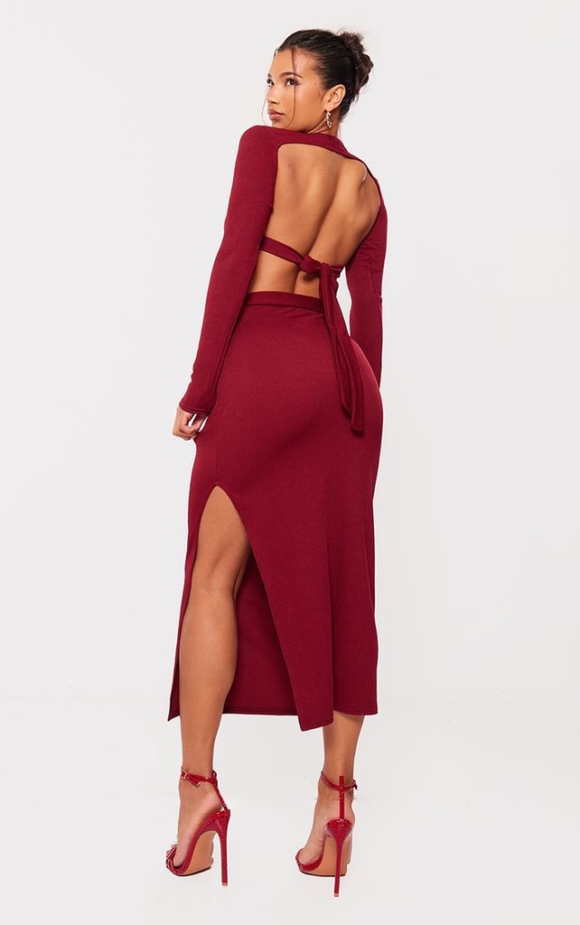 Cherry Red Stretch Rib Long Sleeve Open Back Crop Top, Cherry Red
