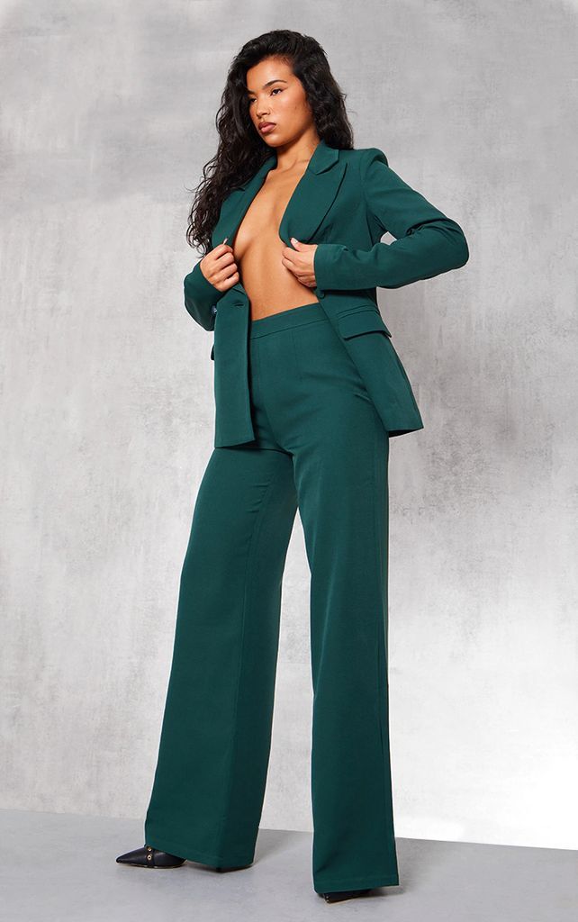 Forest Green Woven High Waisted Tailored Wide Leg Trousers, Forest Green
