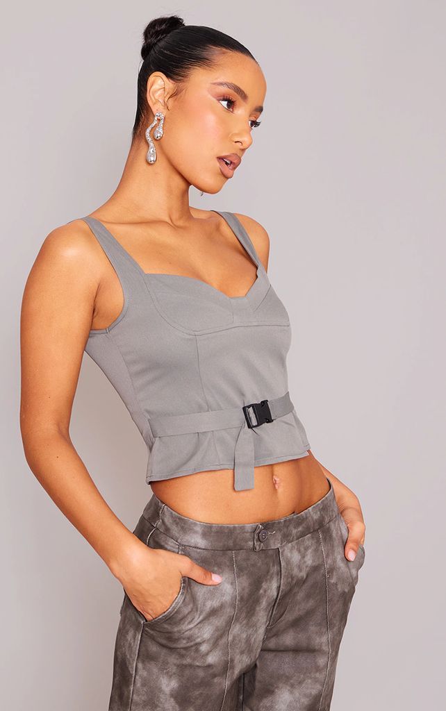 Grey Woven Bust Detail Buckle Front Top, Grey