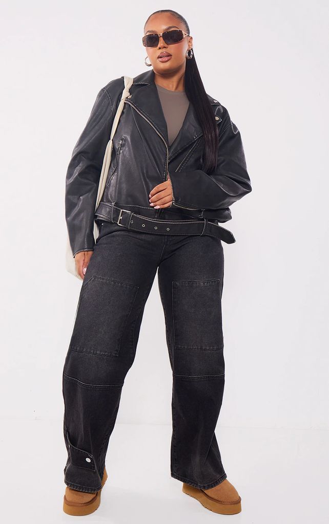 Plus Black Vintage Faux Leather Oversized Zip Up Biker Jacket, Black