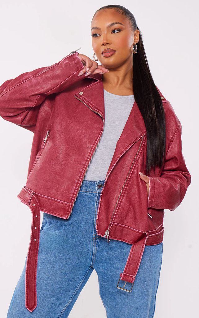 Plus Cherry Red Vintage Faux Leather Oversized Zip Up Biker Jacket, Cherry Red