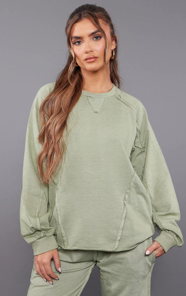 Khaki Washed Oversized Raw Edge Seam Detail Sweatshirt, Green