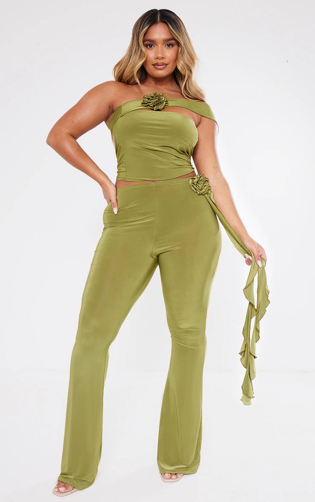 Shape Olive Slinky Rose High Waist Flare Trouser, Green
