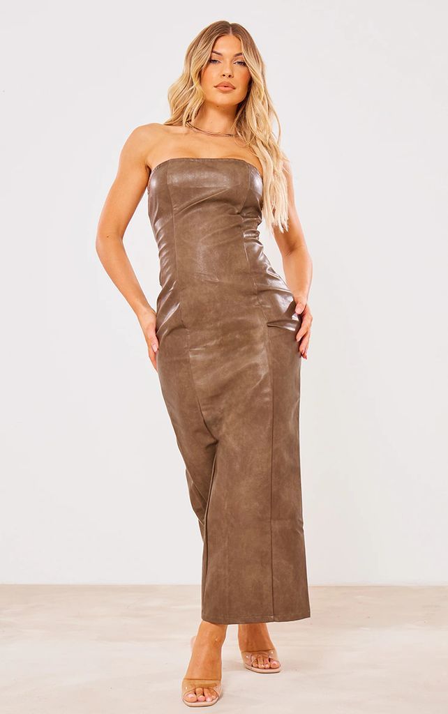 Brown Washed Faux Leather Bandeau Midi Dress, Brown