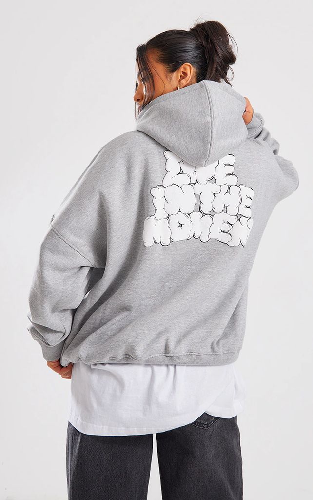 Grey Marl Live In The Moment Printed Oversized Hoodie, Grey Marl