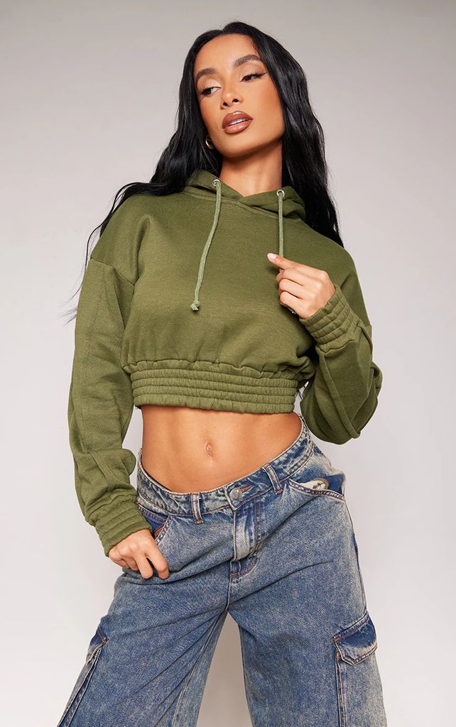 Khaki Cropped Elasticated Hem Hoodie, Green